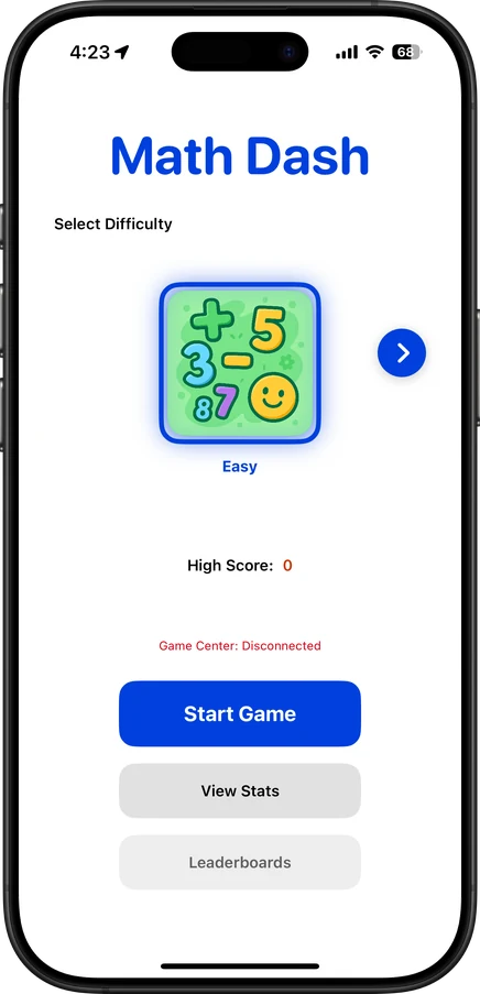 Math Dash home and difficulty select
